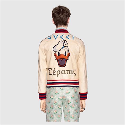 gucci leather bomber jacket with donald duck appliqués|Donald Duck bomber jacket.